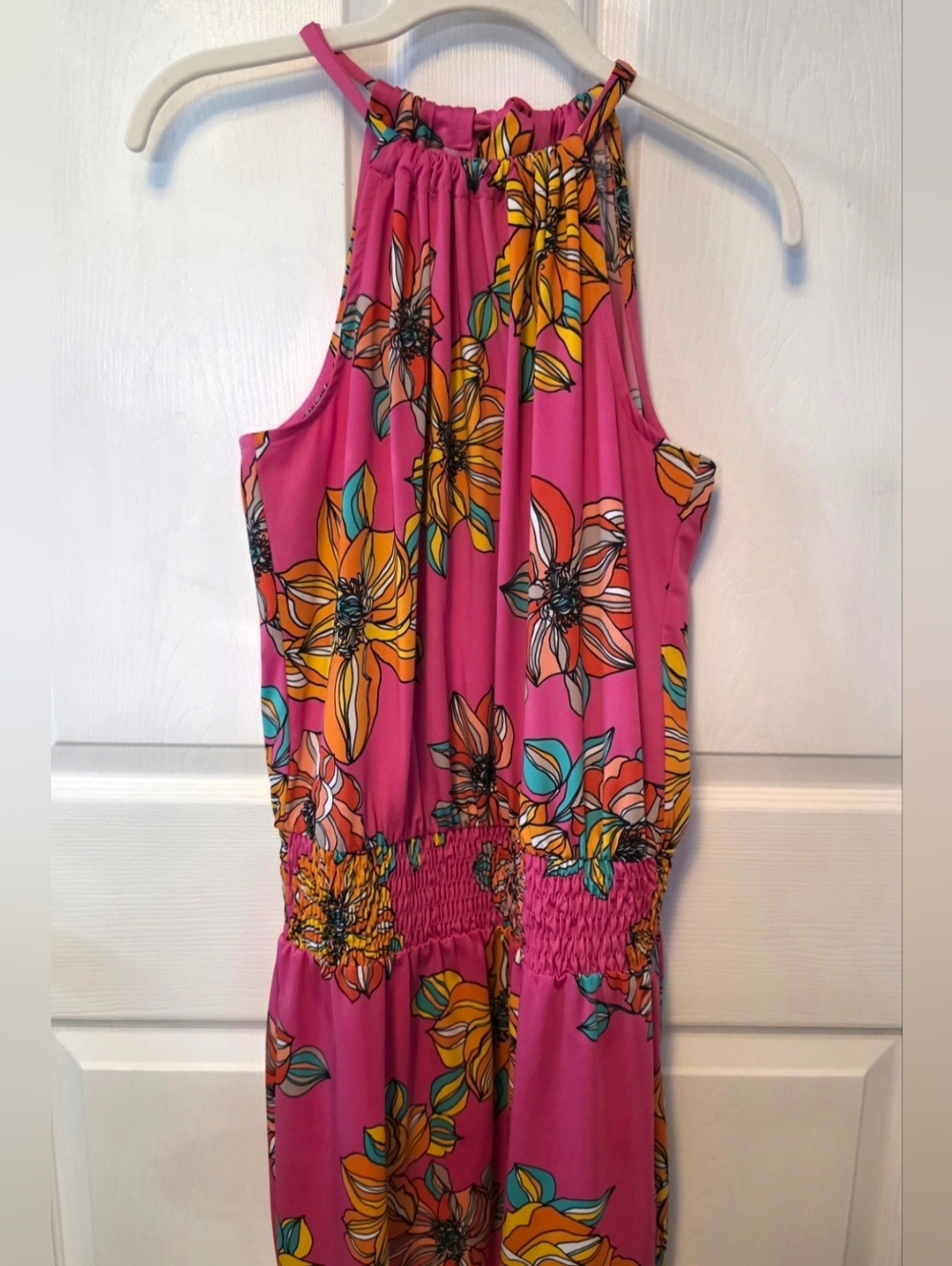Trina Turk Pink Floral Halter Dress Smocked Waist Sleeveless